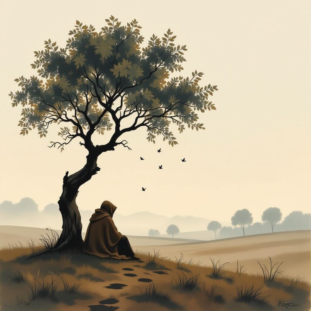 Solitary Figure Under Ancient Tree in Eerie Landscape