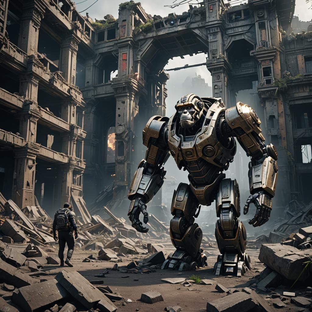 Colossal Ape Robot in Ruins: Cinematic Film Still
