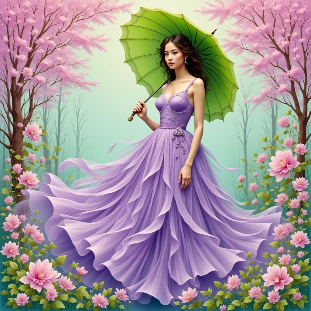 Pastel Woman with Green Parasol, Art Nouveau Style