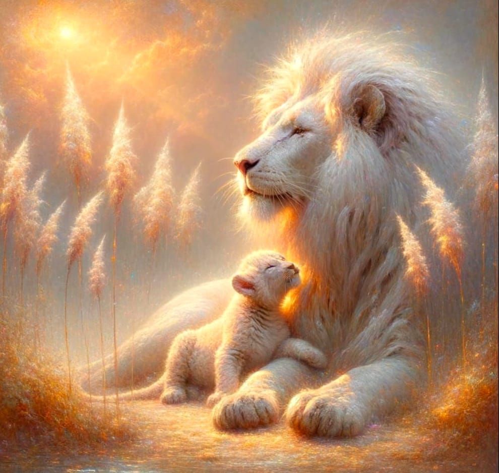 Lion and Cub in Gilded Light: Painterly Style