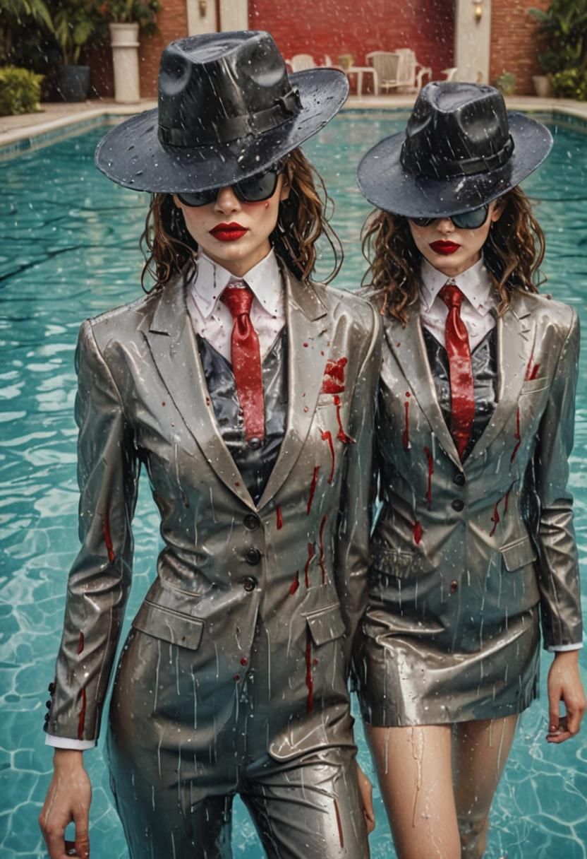 Glamorous Women in Suits in a Pool