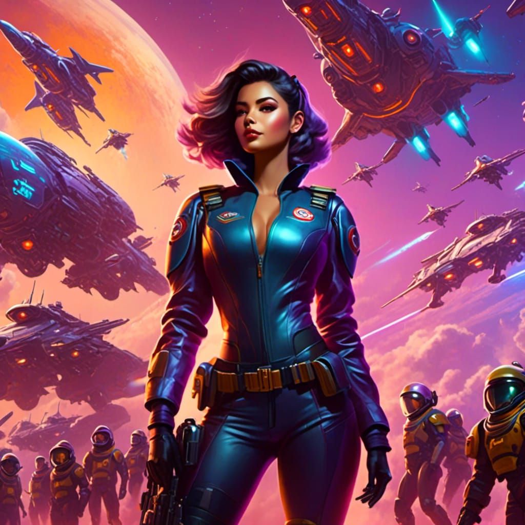 Cyberpunk Pilot Girl with Spaceships