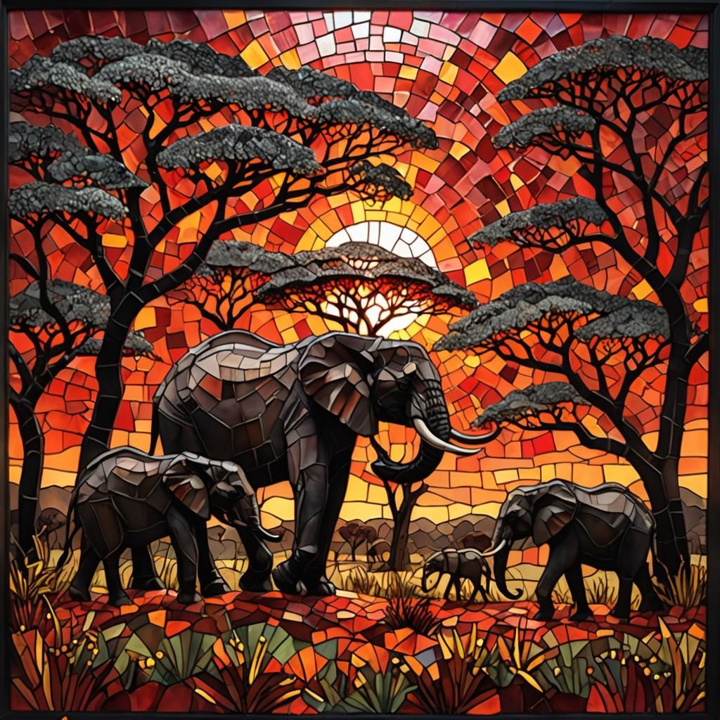 African Savannah Animals in Stained Glass Mosaic Art