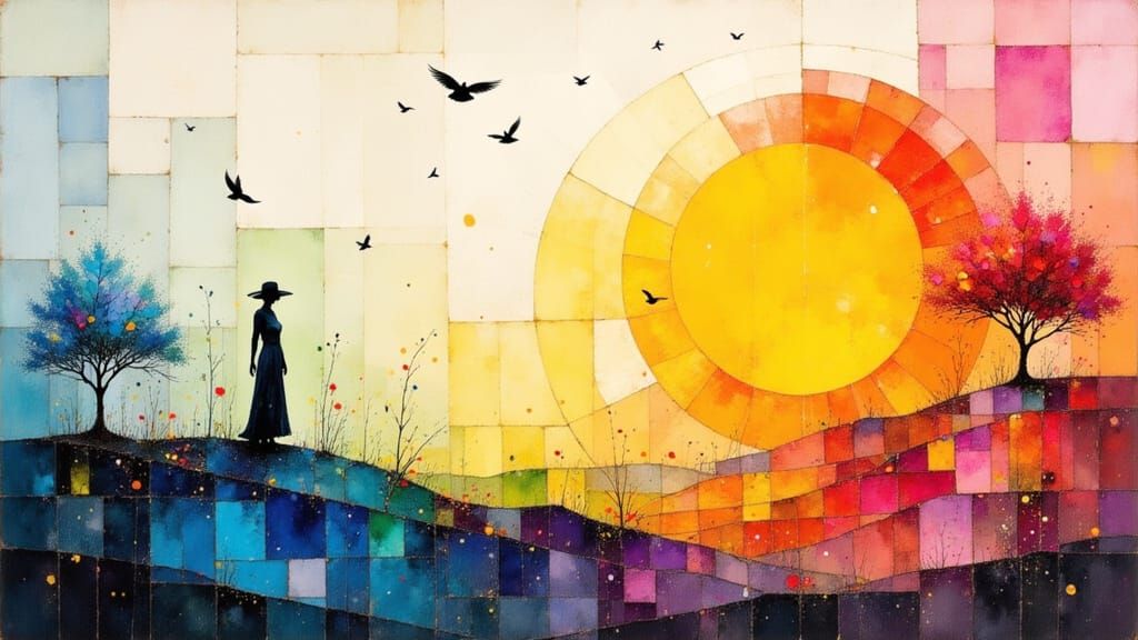 Vibrant Folk Art Landscape with Whimsical Touches