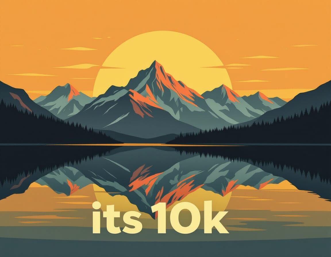 Mountain Sunset Reflection, Minimalist Vector Art