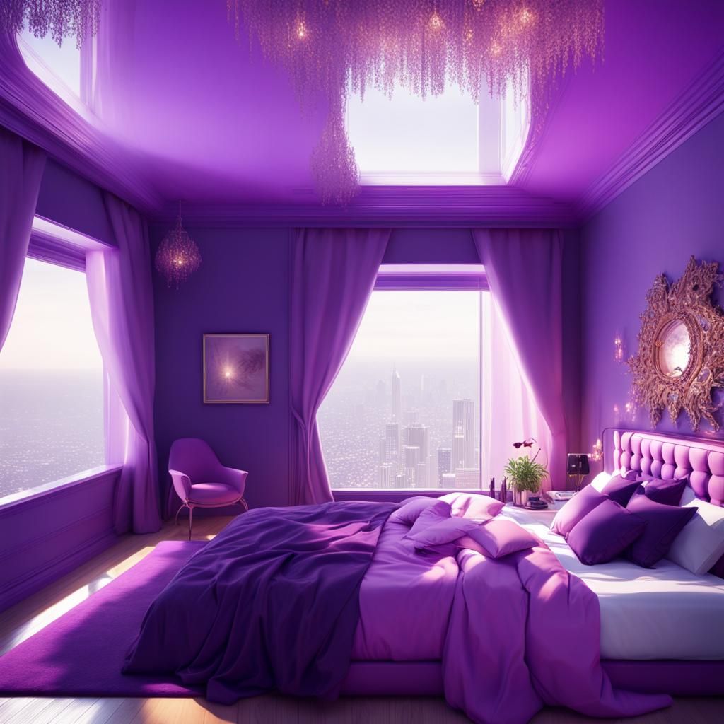 Luxurious bedroom purple walls and magenta ceiling with beautiful view and purple bed huge windows was purple curtains& ...