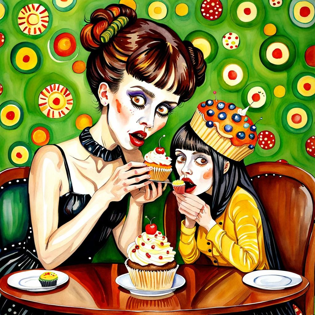 Whimsical Watercolor: Woman and Creature with Cupcakes