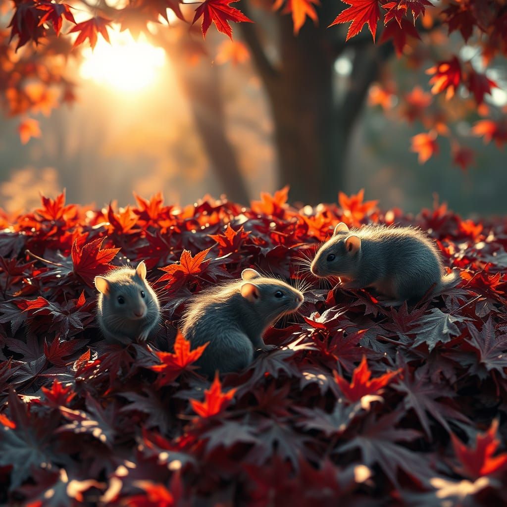 Cute Rats Play in Maple Leaves in Sunlight