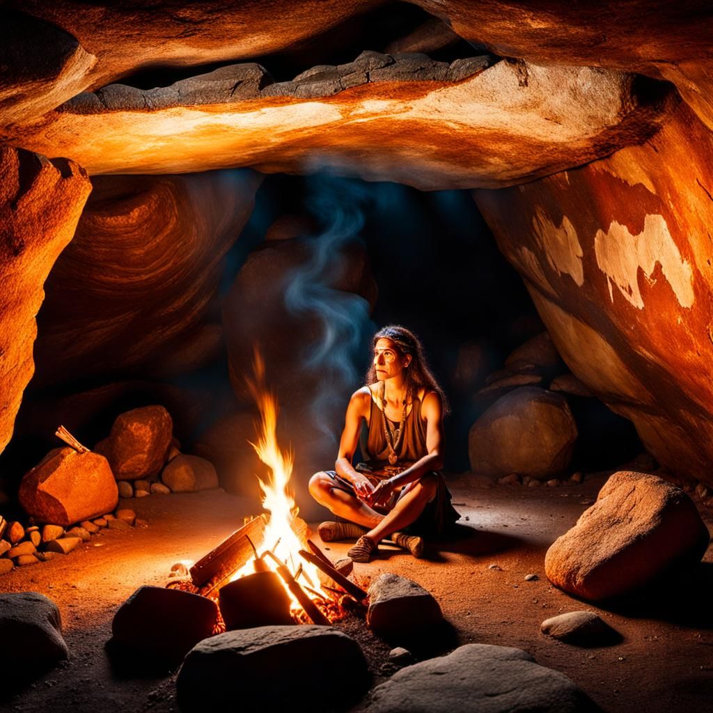Neanderthal Woman by Campfire in Cave with Paintings