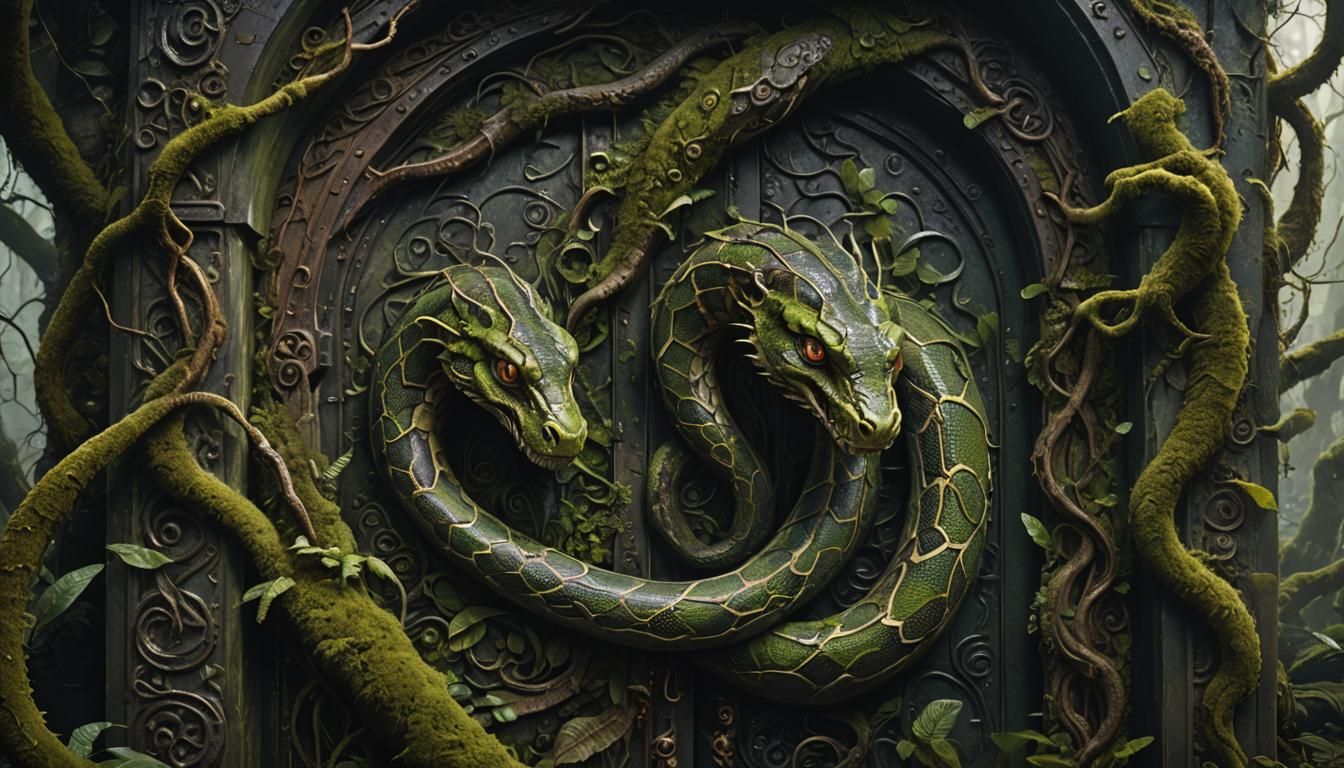 Serpent Guardian of Mossy Iron Door: Dark Fantasy Art
