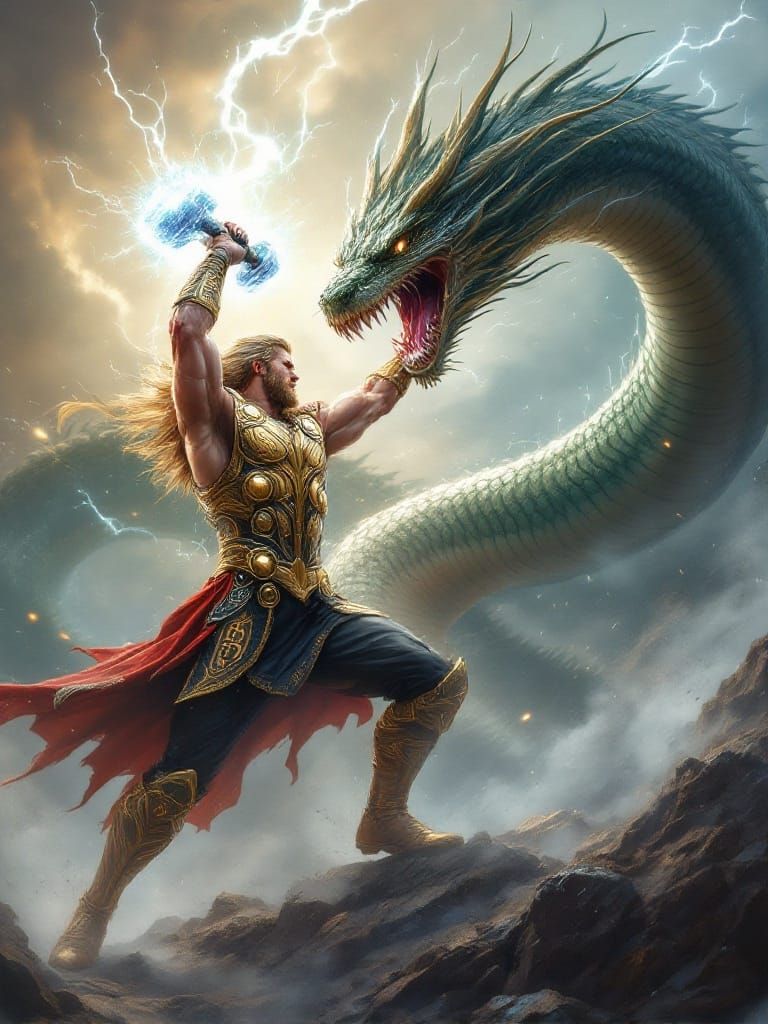 Thor Battles Jormungandr in Epic Norse Mythology Scene
