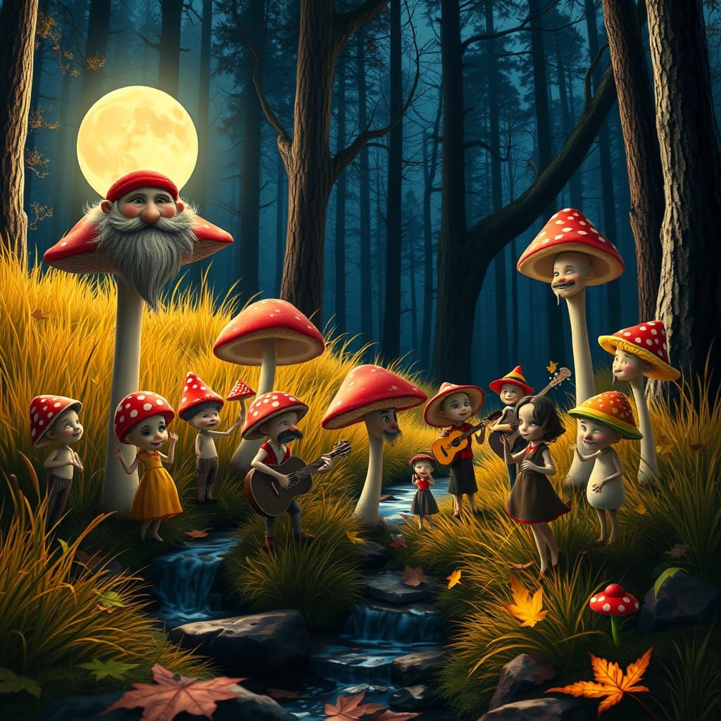 Whimsical Mushroom Fiesta Under Moonlight