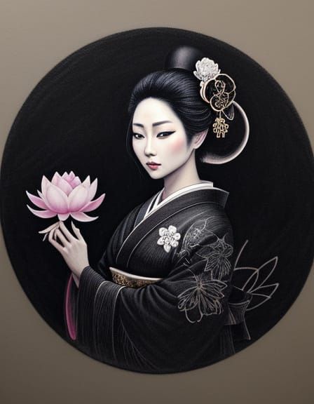 Geisha with Lotus Blossom: Chalk Drawing