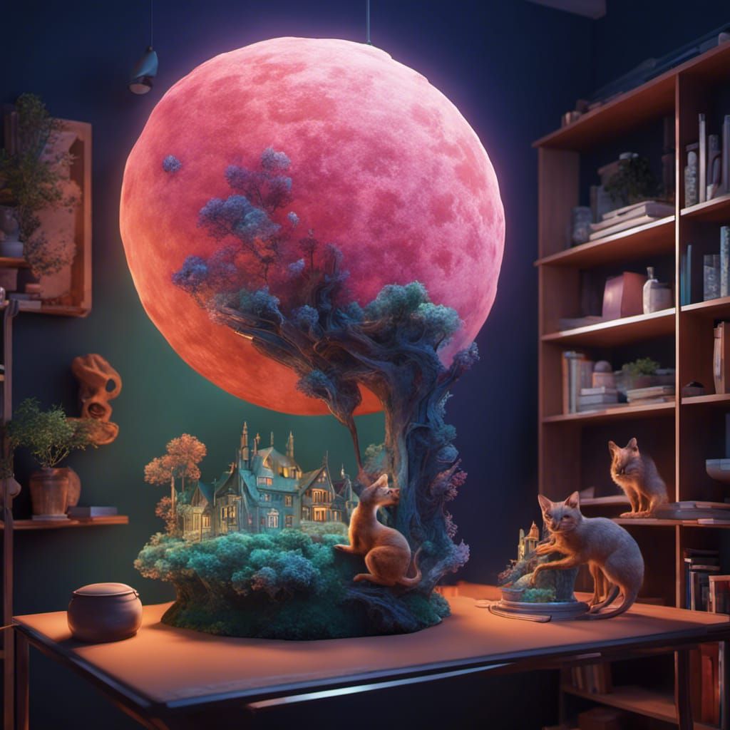 Bookshelf with City Model and Animals in Maximalist Style