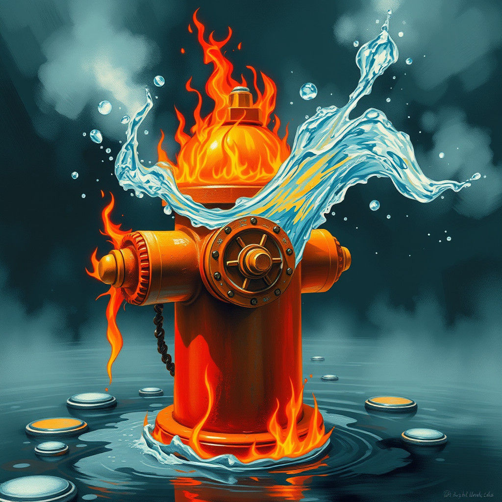 Fiery Fire Hydrant Spewing Crystal Water in Surreal Style