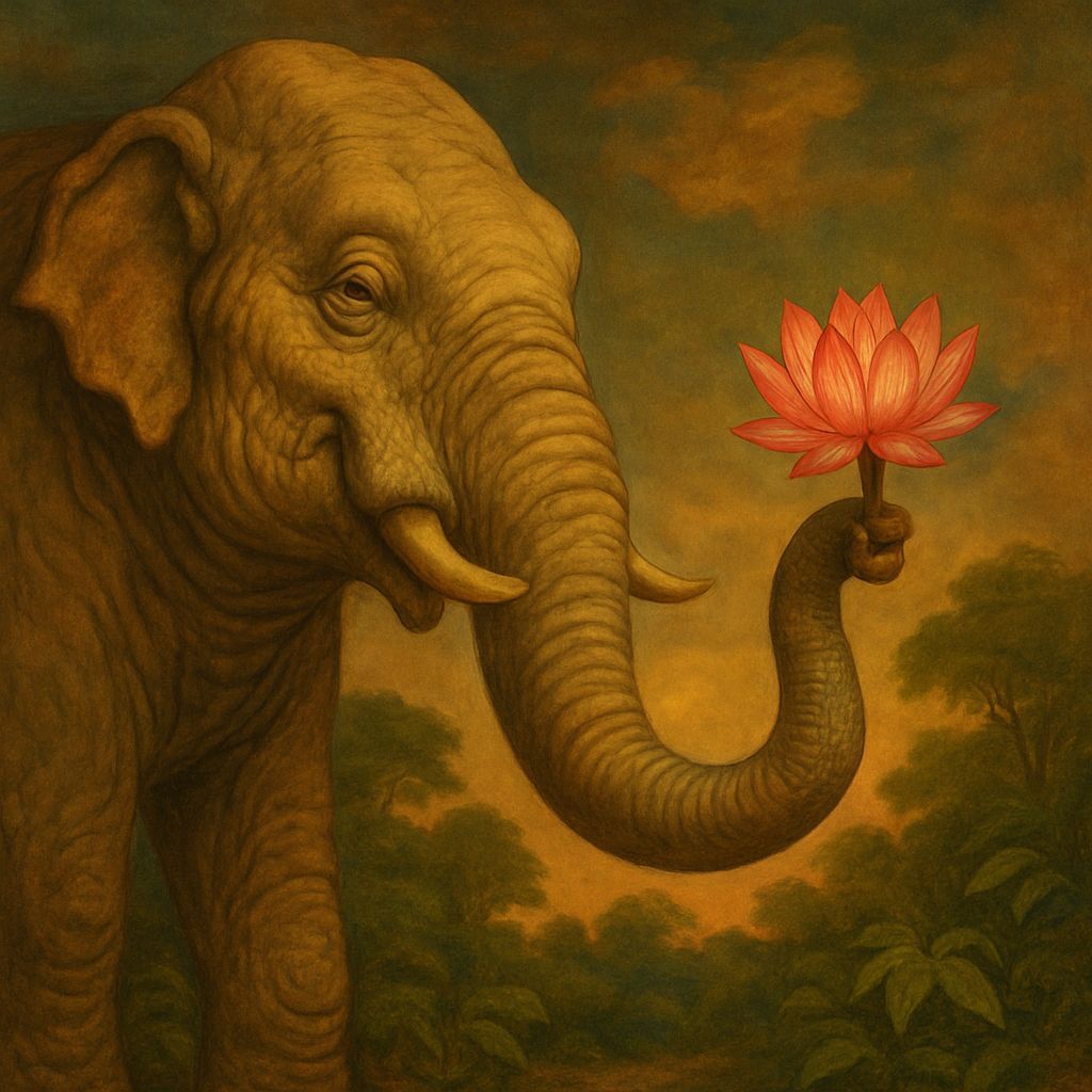 Elephant Offering Lotus Flower in Surreal Landscape