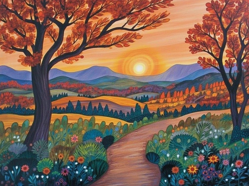 Whimsical Landscape in Vibrant Orange and Teal Colors