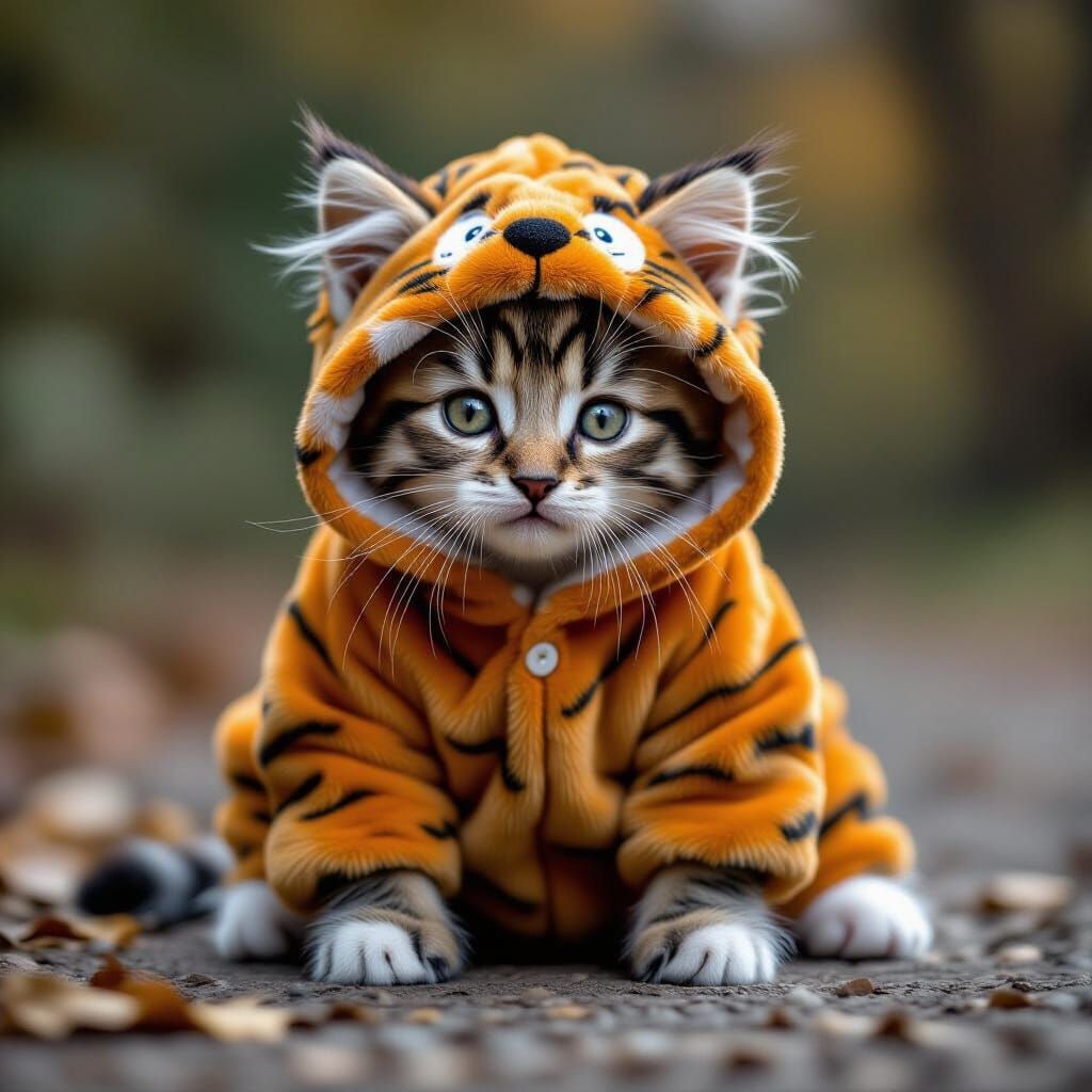 Cute Kitten in Detailed Tiger Onesie