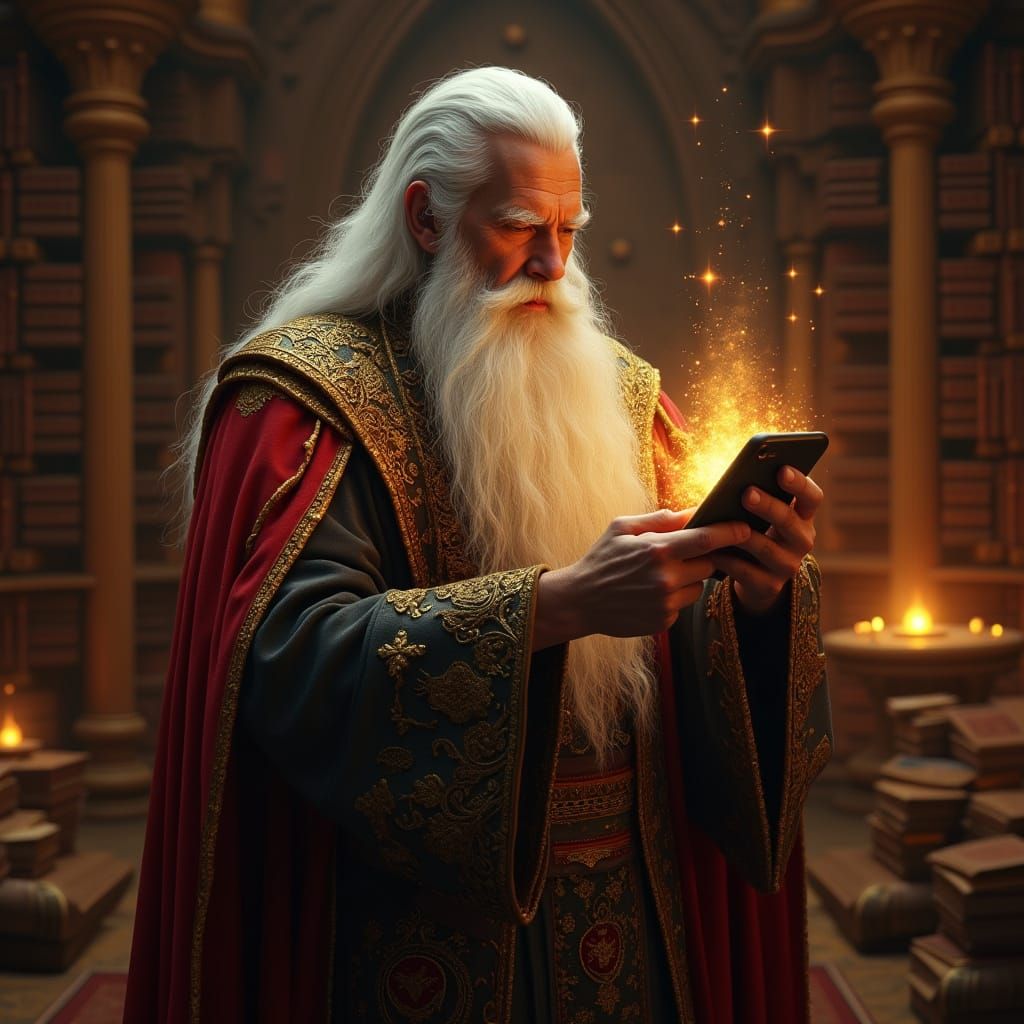 Trading Wizard in Ancient Library with Modern Smartphone