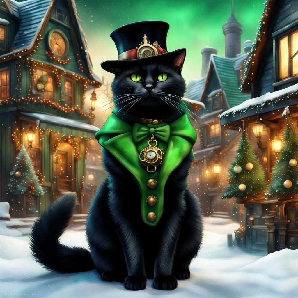 Steampunk Christmas Cat in Watercolor Village Scene