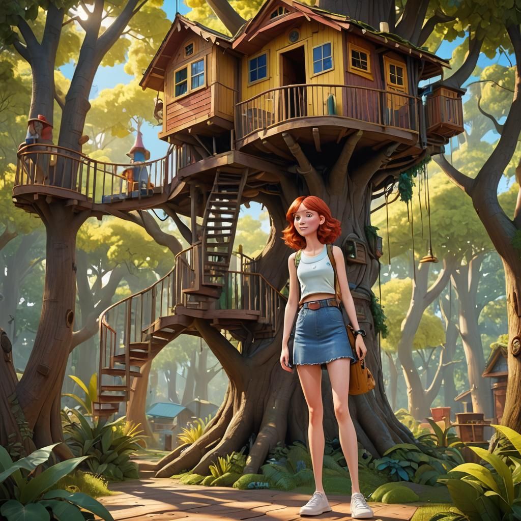 Young Woman in Treehouse, Pixar-Style 3D Art