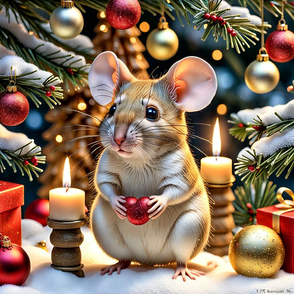 Christmas Tree with Mice Decorations, Detailed Artwork