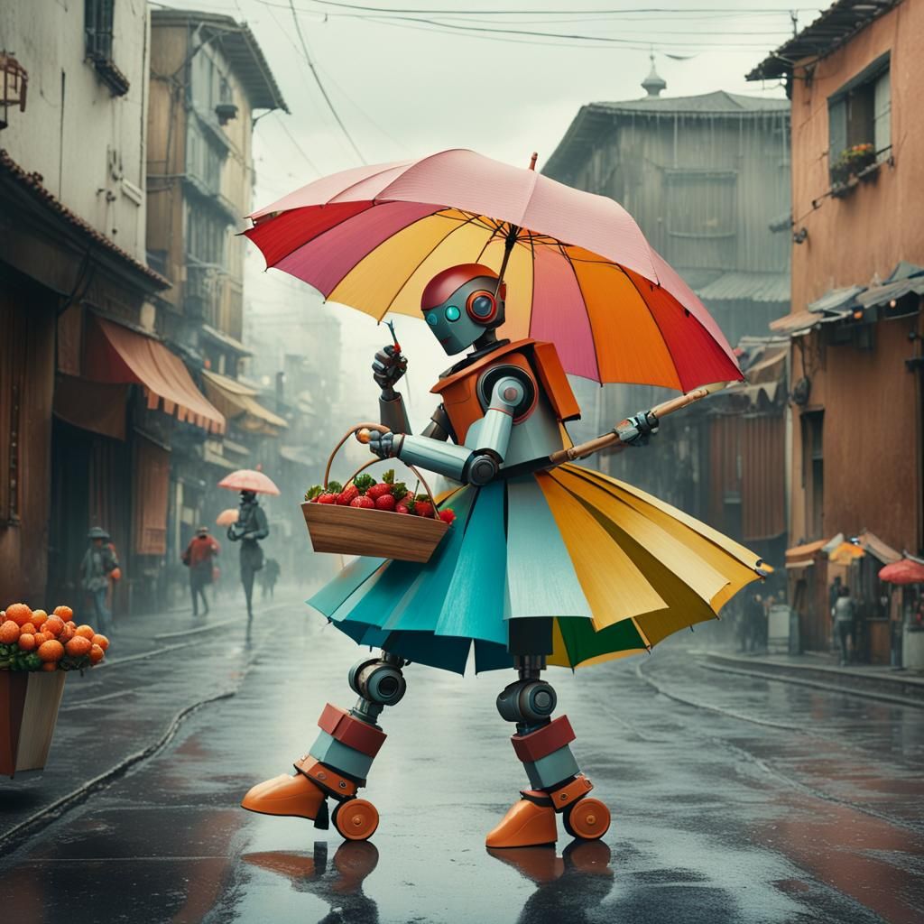 Decadent Wooden Robots Dancing in Rainy Street