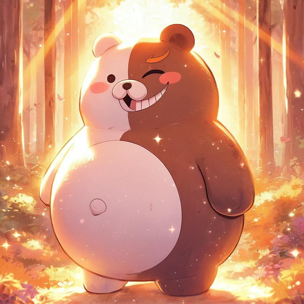 Joyful Monokuma Bear in Sunlit Forest, Anime Style
