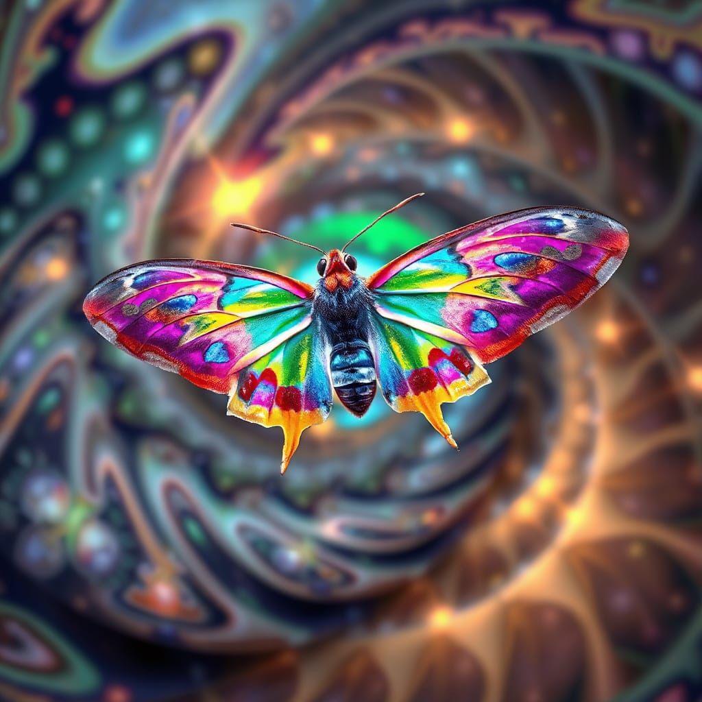 Ethereal Moth Emerges from Fractal Vortex in Cyberpunk Aesth...