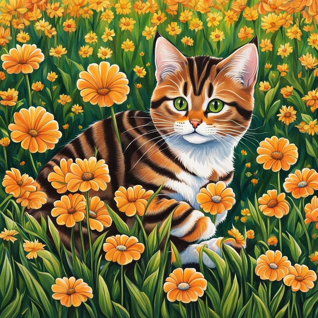 Tabby Cat's Floral Frolic: A Childlike Drawing