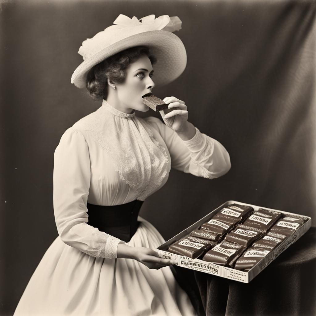 Vintage Photo of Woman Eating Giant Chocolate