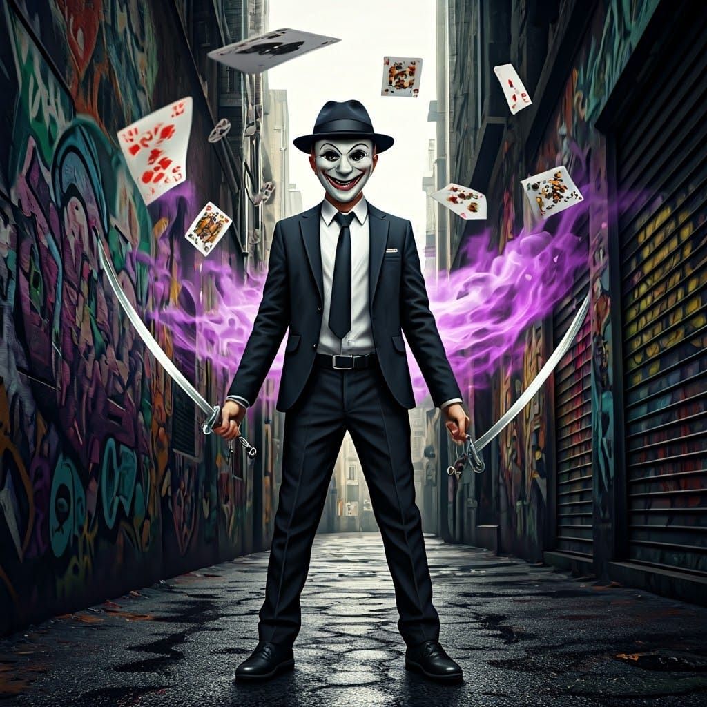 Boy with Swords and Comedy Mask in Street Art Style