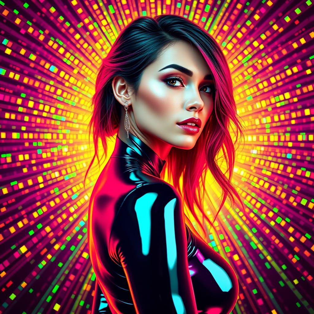 Hyperrealistic Woman in Vibrant PVC Latex Vinyl Shiny Spande...