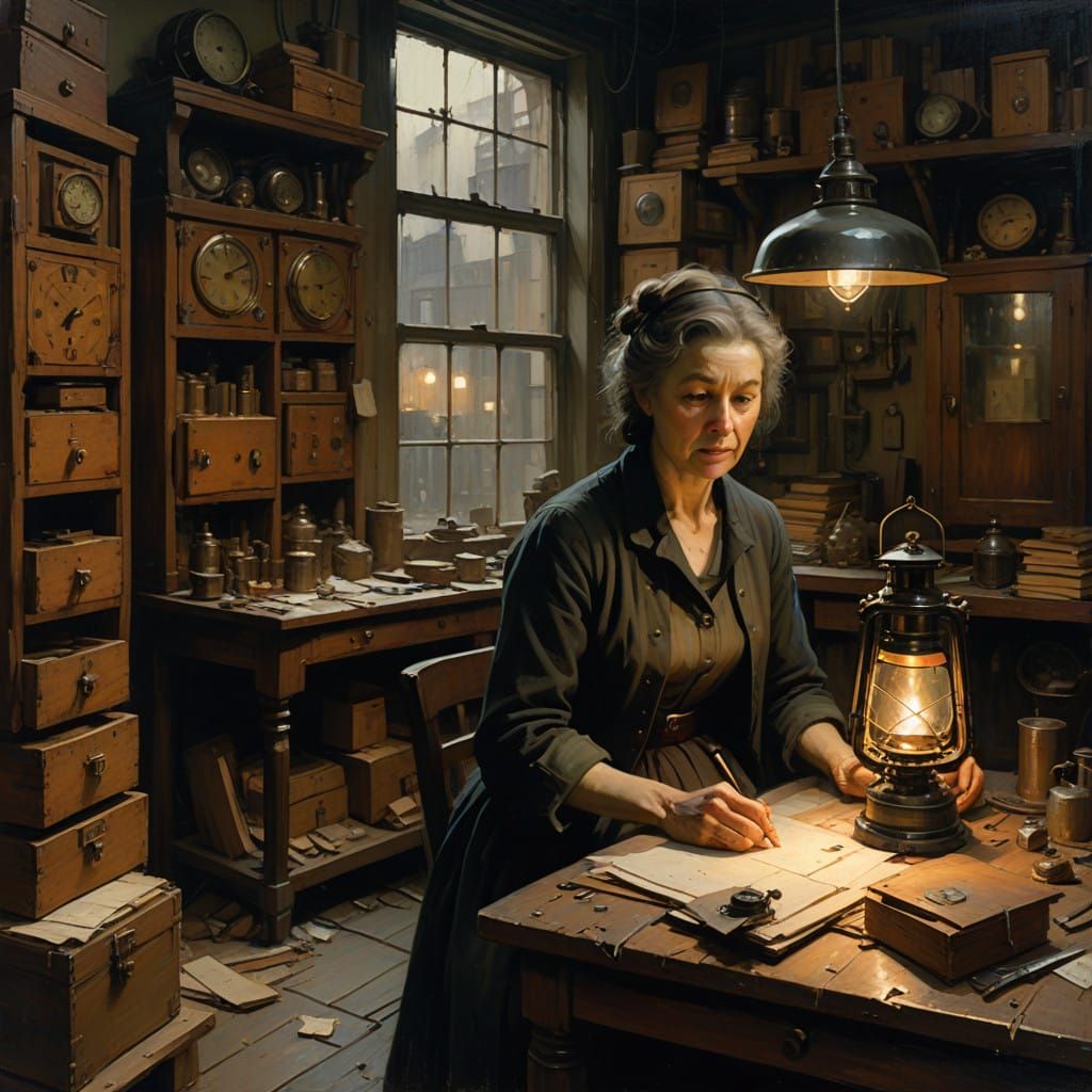 Woman in Secret Workshop Amidst Clockwork Mechanisms