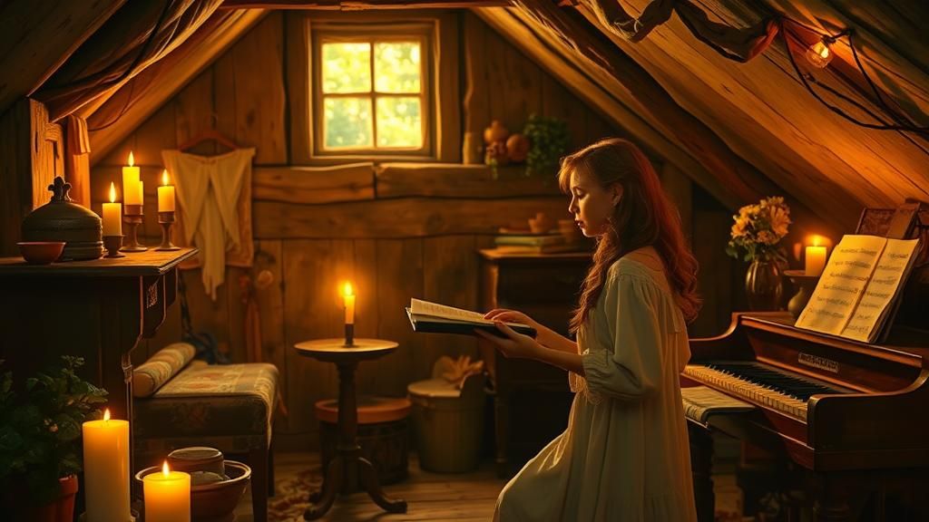 Rustic Choir Singer in Candlelit Attic, Oil Painting Style