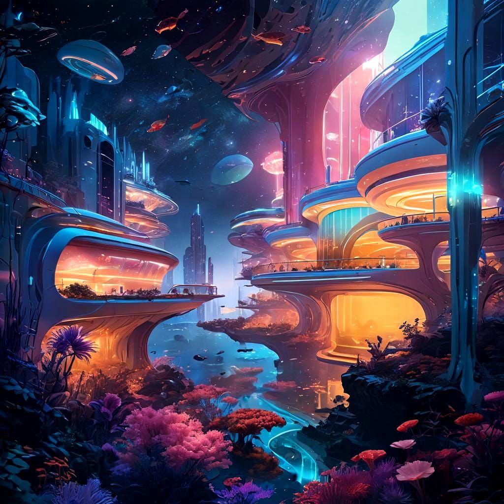 Solarpunk Underwater Galaxy City in Futuristic Style