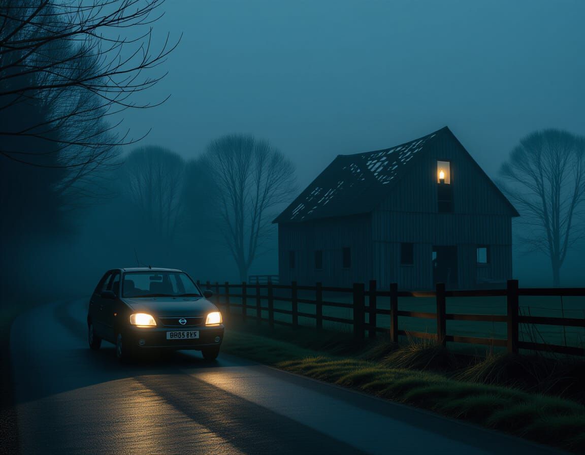 Nissan Micra on Dark Road in Spooky Woods