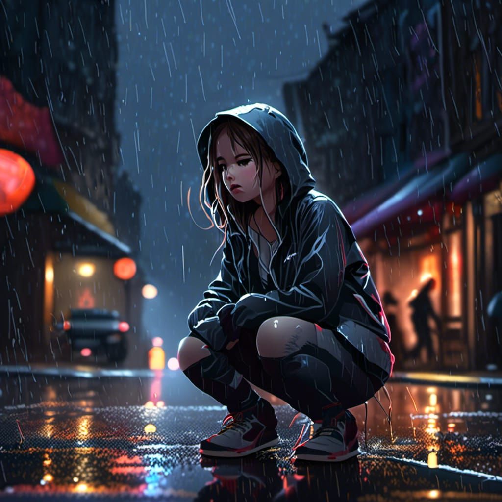 Sad Girl in Rainy Alleyway: Detailed Night Scene