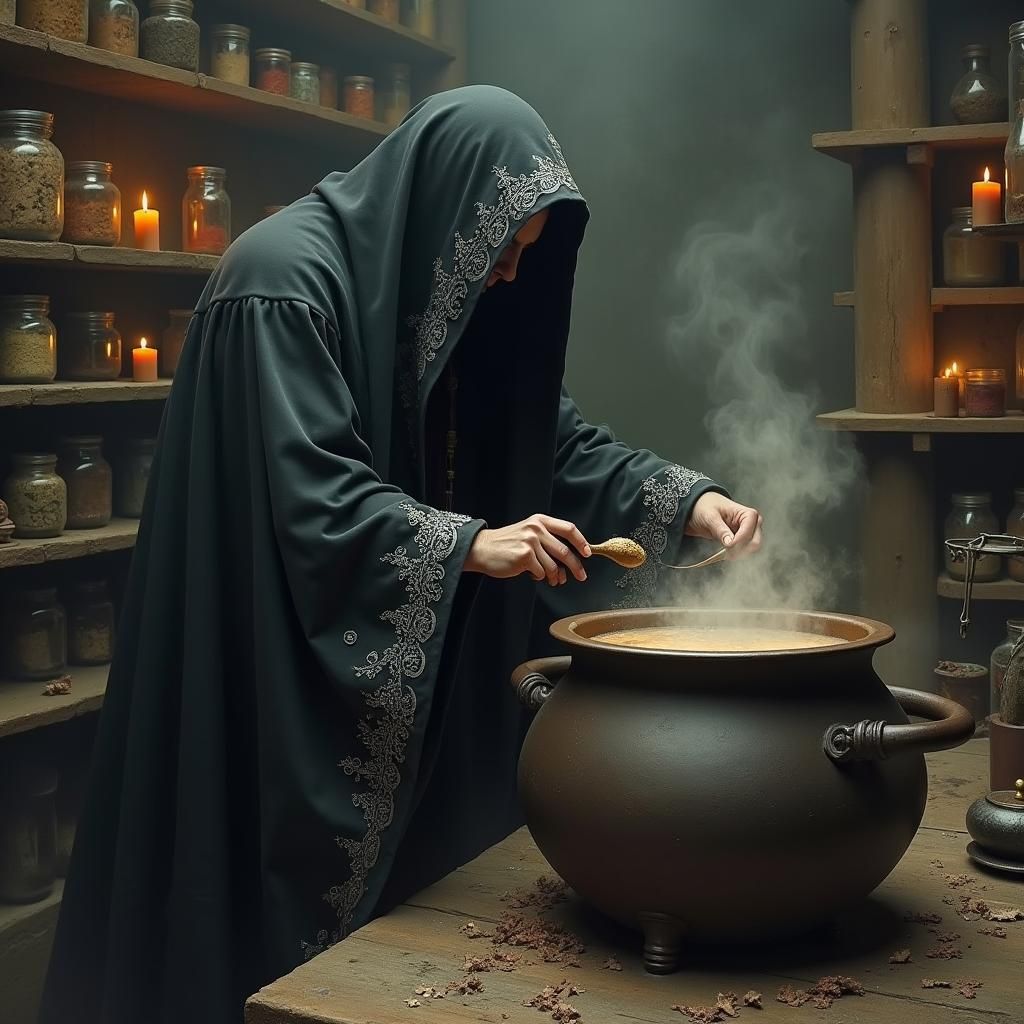 Mystical Witch Brews Potion in Surreal Chamber