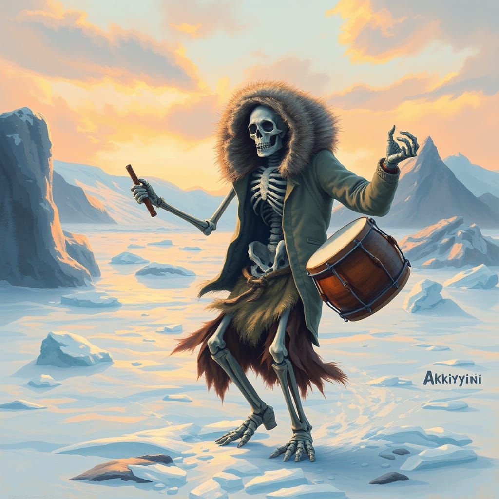 Inuit Skeleton Spirit Dances in an Icy Landscape