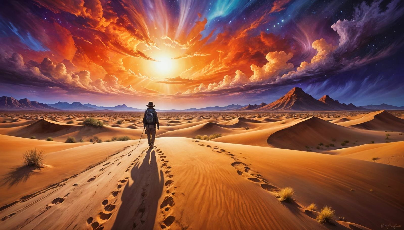 Impasto Oil Painting of Desert Dunes Under Aurora Skies