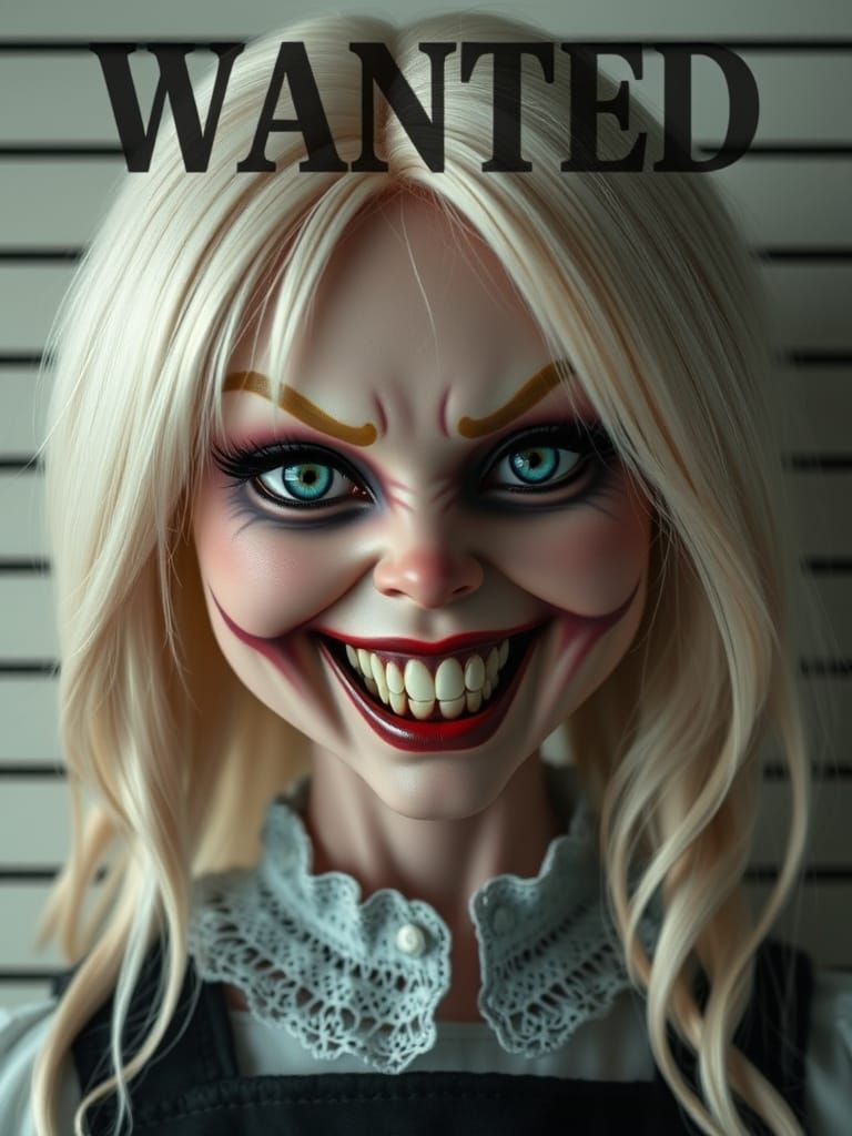 Scary Bride Doll Mugshot Portrait in Gothic Style