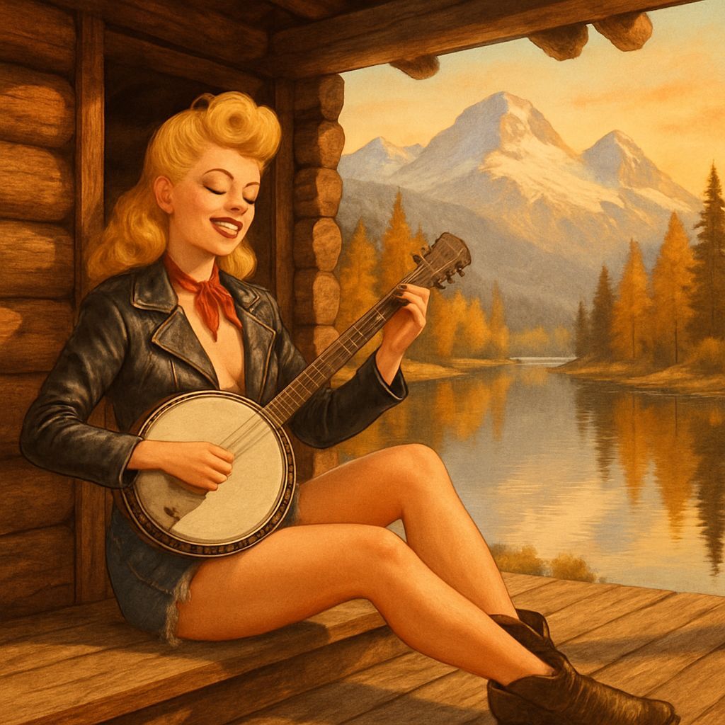 Rockabilly Pin-Up Girl Strums Banjo at Alpine Lake