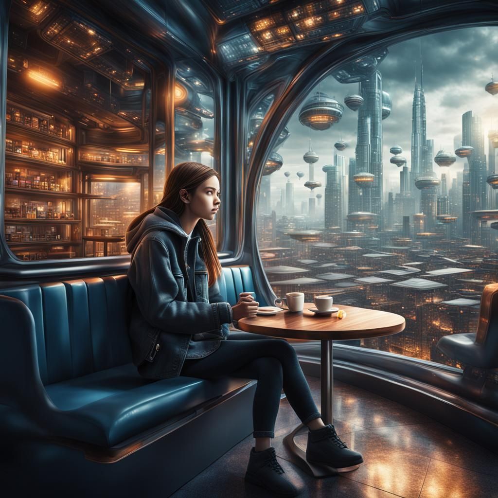 Girl in Futuristic Cafe: Hyperrealistic 64MP Photo