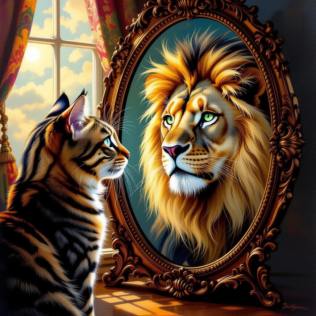 Tabby Cat's Reflection Becomes a Lion in Surreal Oil Paintin...