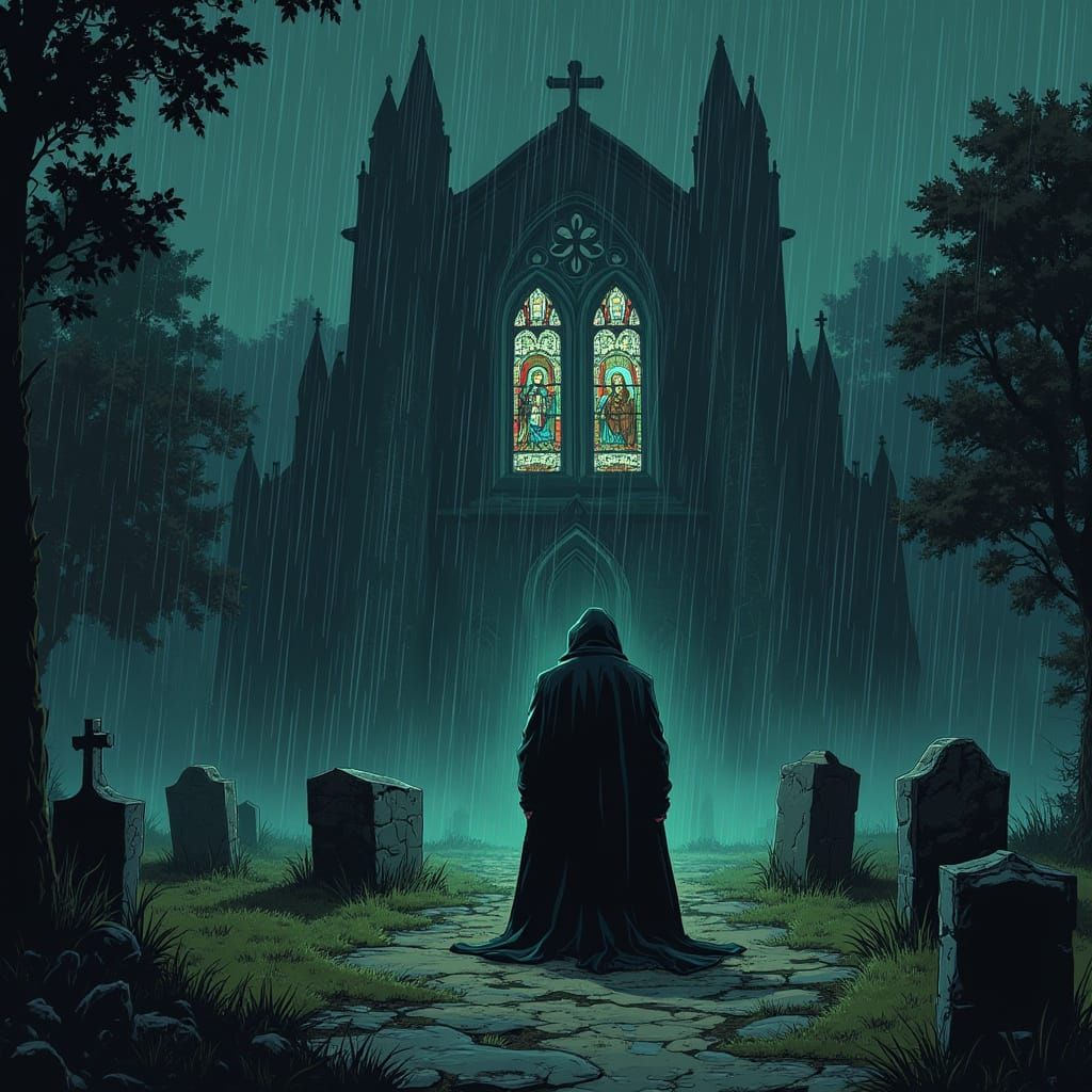 Gothic Graveyard Scene in Graphic Novel Style