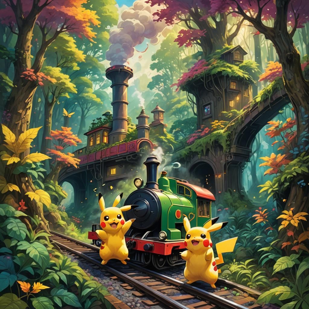 Pikachu's Forest Train Ride as Oil Painting