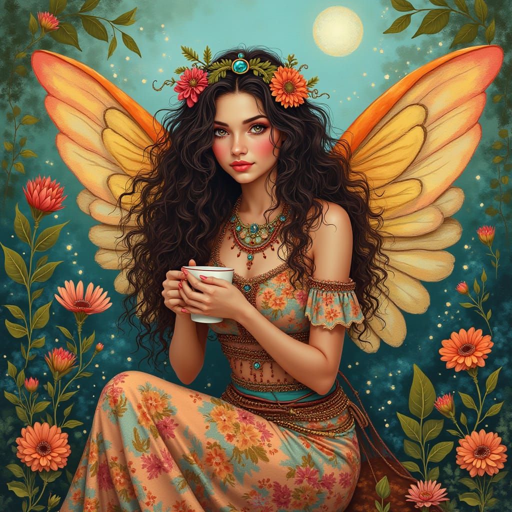 Hippie Angel Sipping Coffee in Lush Garden