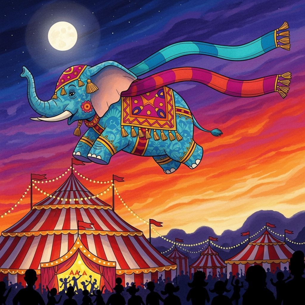 Whimsical Elephant Flies Over Circus Big Top