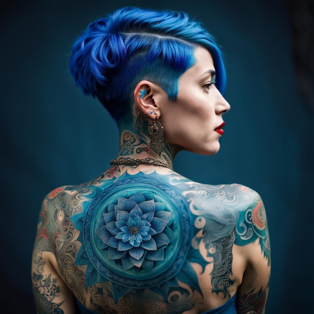 Woman with Blue Hair and Tattoos Photograph